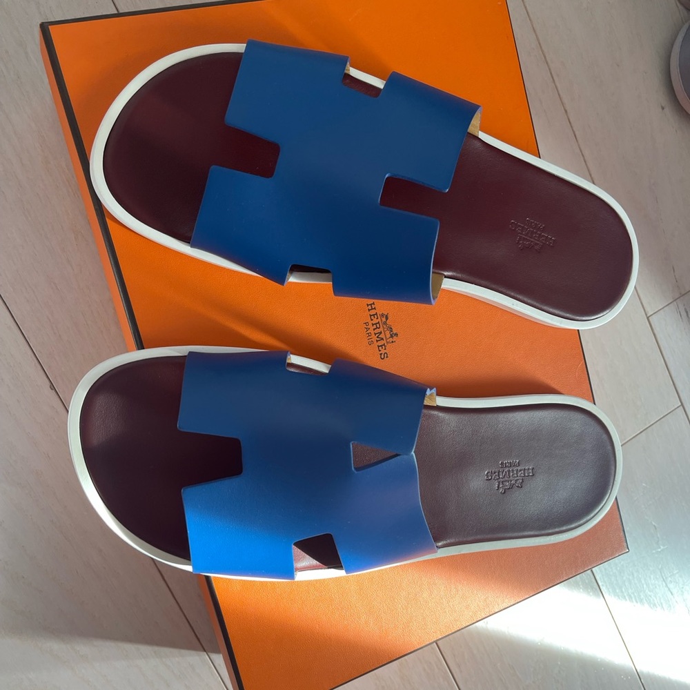 NEW MEN HERMES IZMIR 44 BLUE W WHITE SOLE/CONTRAST ING CALFSKIN LEATHER SLIPPER